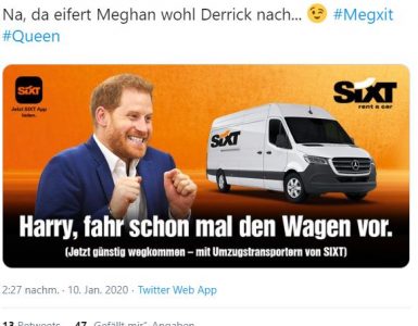 Wie Sixt aus dem "Megxit" einen Marketing-Gag machte (Beitragsbild: Screenshot Twitter/SixtDE)